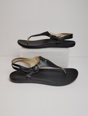 Olukai 'Eheu T-Strap Black Leather Sandals ~ Size 8 (38)